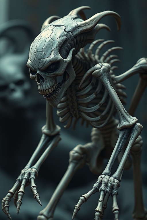 Create a highly detailed illustration of a skeletal creature with elongated limbs and exaggerated features, using a Canon EOS R5 with a 50mm f/1.2 lens, aperture set to f/2.0, ISO 100, and a shallow depth of field for a blurred background, capturing the essence of dark fantasy art.