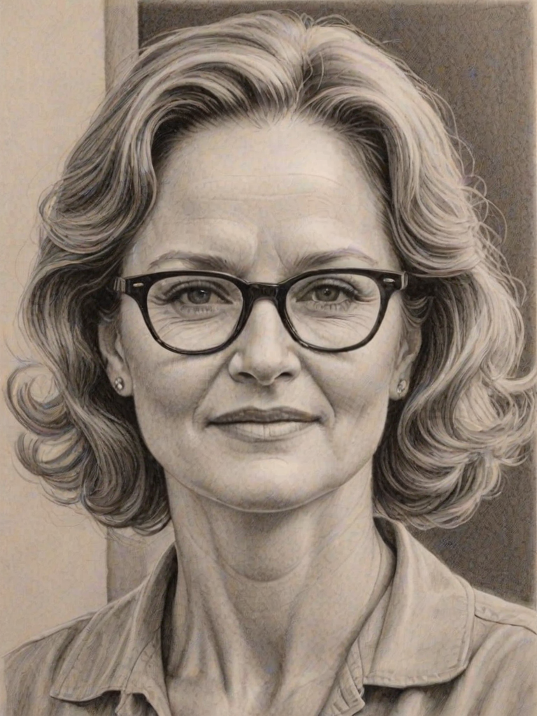 Appealing Melissa Leo, pencil sketch, portrait of Splendid woman 1959s in glasses, hair style beatnik, outline, clear lines, fine lines, 8k