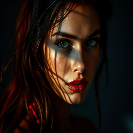 Create a high-resolution portrait of a female figure with dramatic lighting and abstract textures, using a Canon EOS R5 with a 50mm f/1.2 lens at ISO 100, aperture f/2.8, and a shutter speed of 1/125 seconds to capture fine details and vibrant colors.
