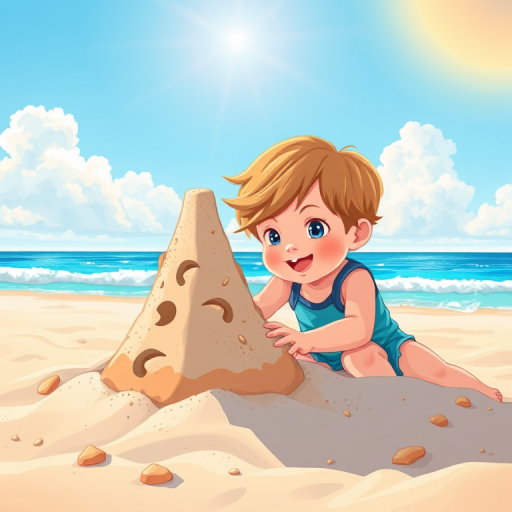 Create a vibrant digital illustration of a playful child building a sandcastle on a sunny beach with a blue ocean and fluffy clouds in the background, using a high-resolution digital camera with a 50mm lens at f/2.8, capturing a wide-angle view to enhance colors and details.