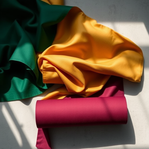 Three rolls of fabric in green, gold, and burgundy, placed on a flat surface with soft shadows, captured with a DSLR camera at f/4, shutter speed 1/125, ISO 100, in a top-down view, natural lighting for enhanced color vibrancy.