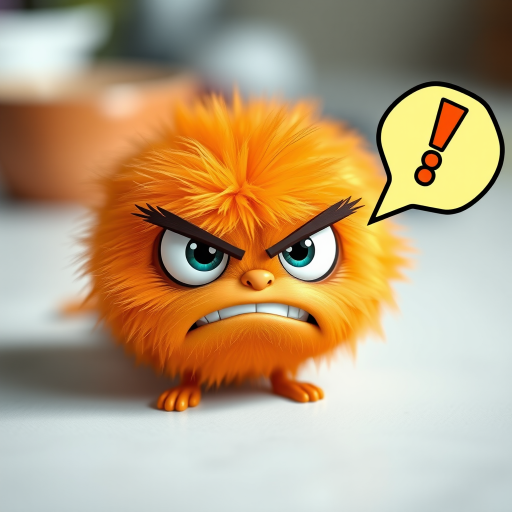 Create a high-resolution cartoon-style image of a fluffy, orange, round creature with exaggerated cartoonish eyes, an angry expression, and a speech bubble with an exclamation mark, using a 50mm lens at f/1.8, ISO 200, and a soft focus background for better depth of field.