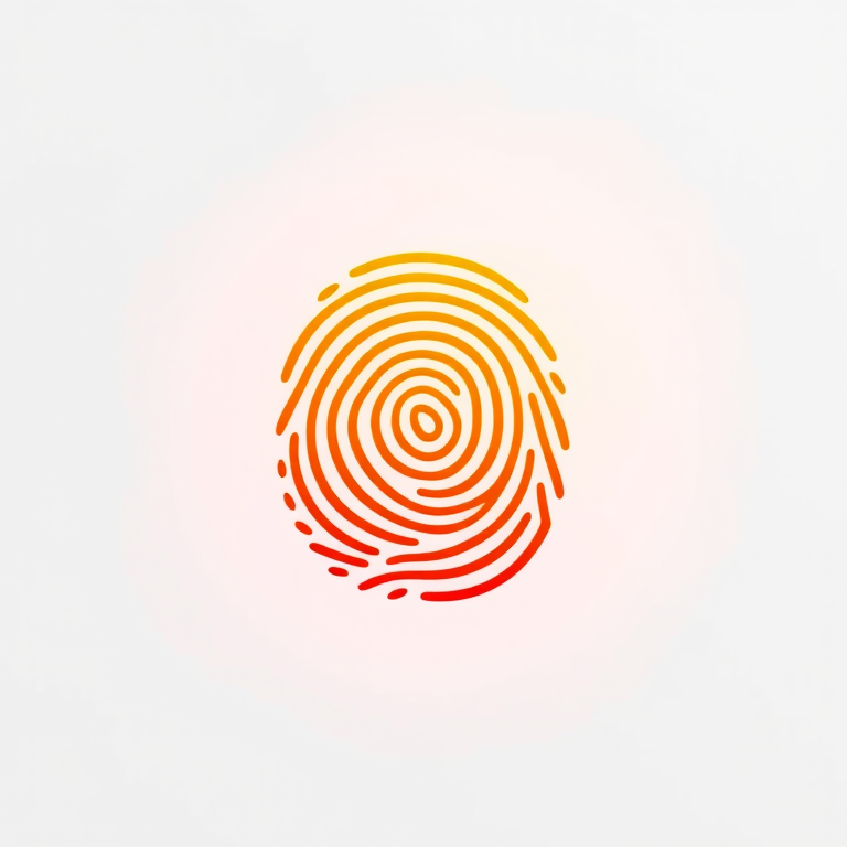 high-resolution fingerprint icon with a gradient from yellow to orange on a white background, captured with a Canon EOS R5 at f/2.8, ISO 100, 50mm lens, top-down view, soft lighting, minimalistic design