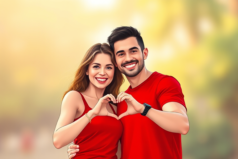 Create an illustration of a joyful couple standing close together, making a heart shape with their hands, with the woman wearing a red tank top and the man in a matching red shirt, bright colors, 4K resolution, 50mm lens, soft focus background, digital art style.