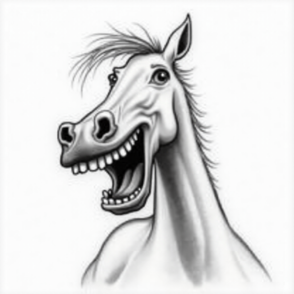 Abstract black and white acrylic portrait of an over exaggerated laughing (horse). Minimalism style. White background.