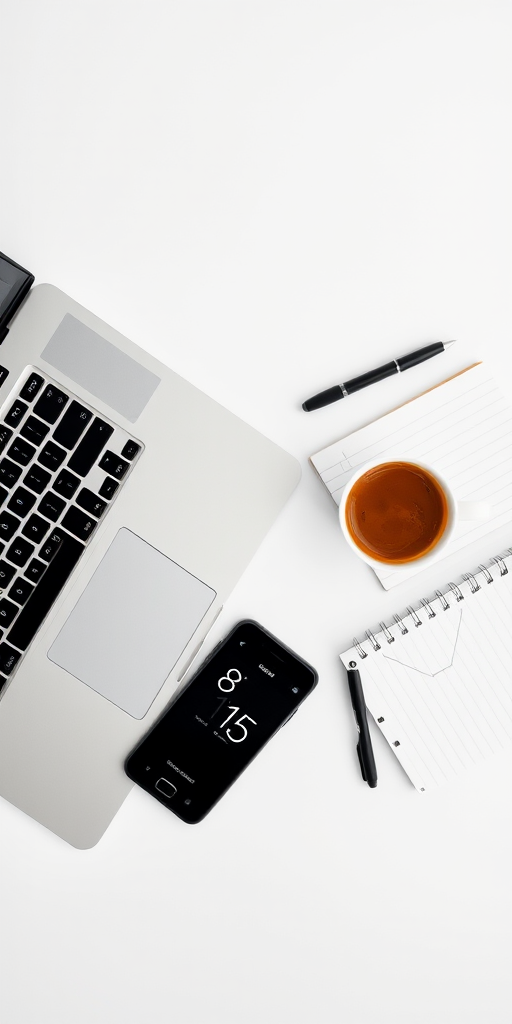 overhead flat lay of a workspace with a silver laptop, a smartphone displaying the time 8:15, a black pen, a spiral notebook with a minimalist design, and a cup of coffee on a white background, shot with a DSLR camera at f/2.8, ISO 100, 50mm lens, natural lighting for enhanced clarity and detail
