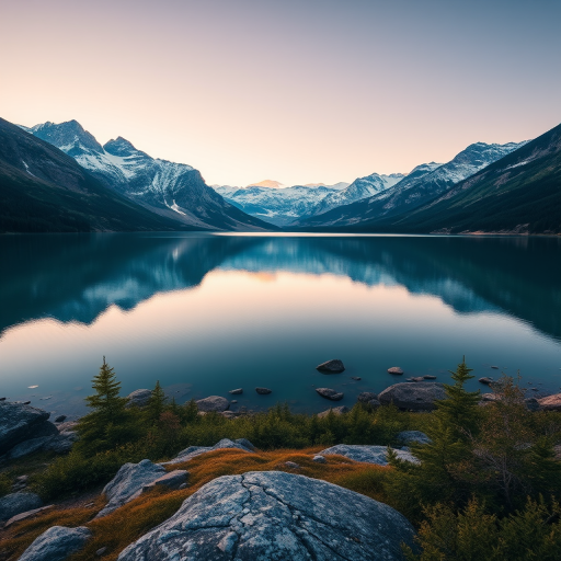 Create a high-resolution image of a serene landscape featuring a calm lake surrounded by mountains at sunrise, using a Canon EOS R5 camera with a 24mm f/1.4 lens, aperture set to f/8, ISO 100, shutter speed 1/125 sec, captured from a low angle view for depth and clarity.