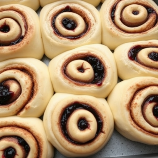 A close-up view of freshly made cinnamon rolls with a swirl of dark berry filling on a baking tray, displaying soft dough and glossy filling, shot from above with a focus on the spiral pattern and textures of the rolls.
