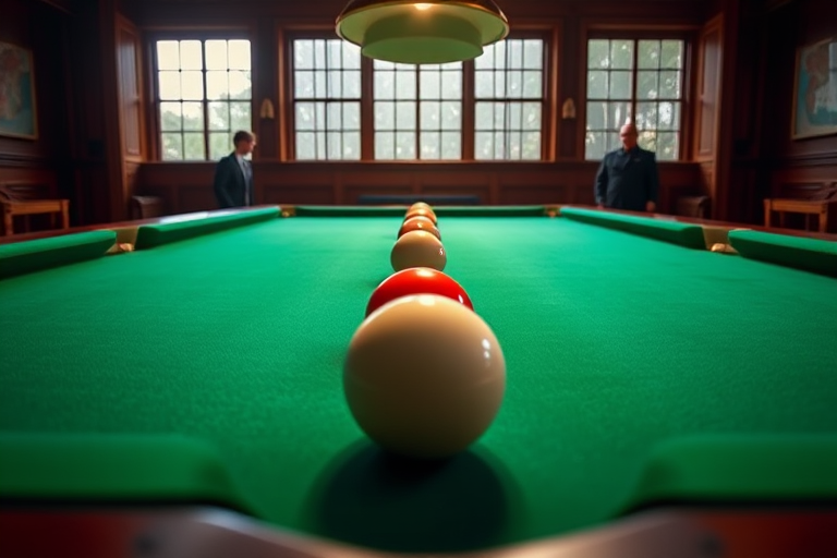 generate an image of a classic billiards table with a green felt surface, low angle view, f/2.8 aperture, ISO 100, 50mm lens, natural lighting, high-resolution realistic style