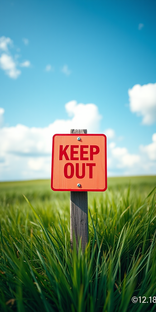 Create an image of a wooden "KEEP OUT" sign on a post, with a clear blue sky and fluffy white clouds in the background, vibrant green grass at the base, captured with a DSLR camera, 50mm lens, f/2.8 aperture, ISO 100, shot from eye level with a shallow depth of field for a sharp focus on the sign and a soft blur in the background.