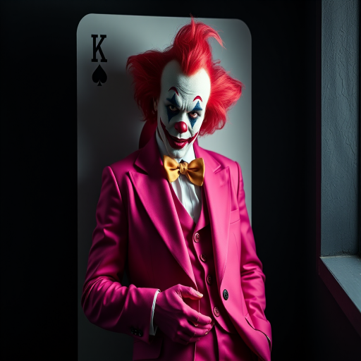 create a high-resolution portrait of a character resembling a clown in a vibrant pink suit, leaning against a large playing card backdrop, use a Canon EOS R5 with a 50mm f/1.2 lens, set aperture to f/1.8 for shallow depth of field, ISO 100 for clarity, and adjust shutter speed to 1/200s for sharpness, in dramatic lighting to enhance shadows and textures.
