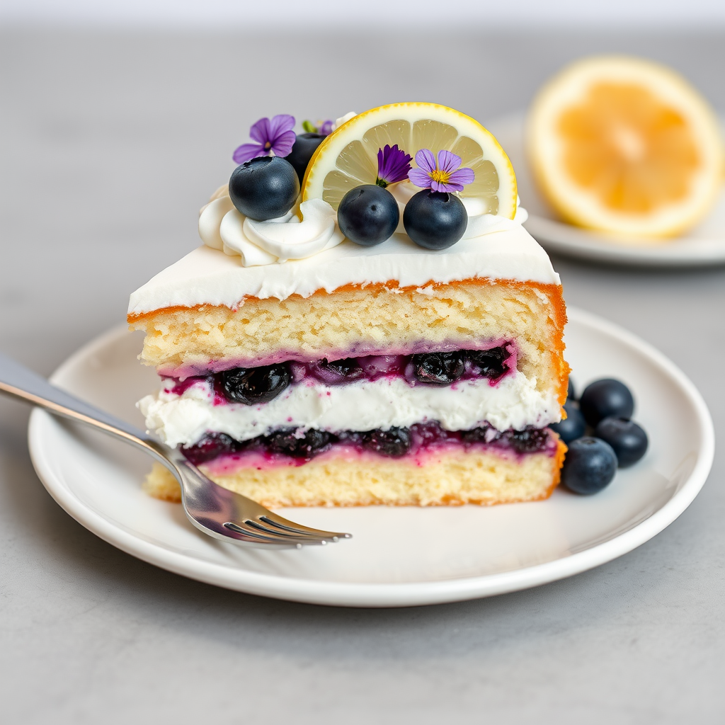 A slice of layered cake with vanilla sponge and blueberry filling decorated with whipped cream fresh blueberries a slice of lemon and edible flowers served on a white plate with a fork beside it