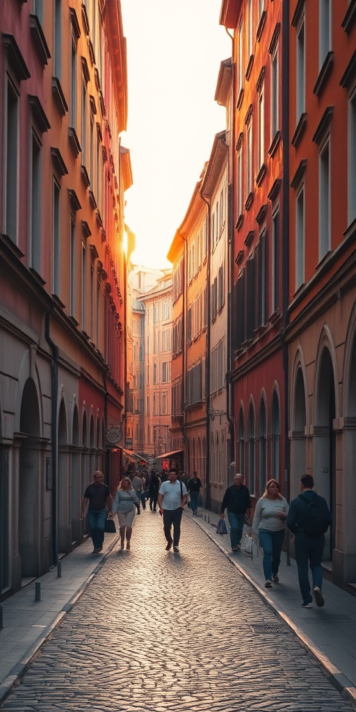 narrow cobblestone street in a historic European city during golden hour, warm sunlight illuminating colorful buildings, bustling with pedestrians, Canon EOS R5, 35mm lens, f/8, ISO 200, shot at dusk for enhanced contrast and sharpness