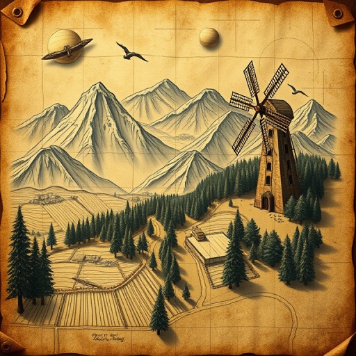 Create a detailed vintage-style treasure map illustration featuring mountains, a windmill, a forest, and agricultural fields, using a high-resolution digital camera with a 50mm lens at f/8, ISO 100, capturing an overhead view with a shallow depth of field for enhanced clarity and texture in a sepia color palette.
