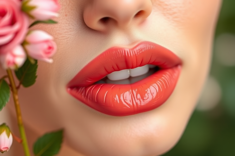 Romantic "Rosebud Dew" hydrating lip oil tint in soft coral, nourishing formula with subtle shine, perfect for achieving a natural and healthy glow