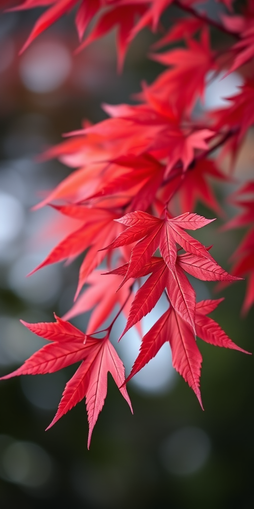Close-up of vibrant red maple leaves against a blurred background, shallow depth of field, f/2.8 aperture, 50mm lens, natural light, DSLR camera, soft bokeh effect.