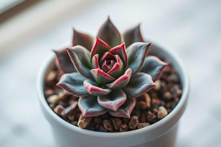 Regenerate the image of a succulent plant in a white pot, use a Canon EOS R5 camera, aperture f/2.8, shutter speed 1/250 sec, ISO 100, macro lens, with a soft focus background to enhance the subject.