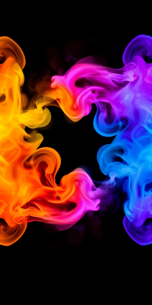 a high-resolution image of colorful smoke swirling in a symmetrical pattern with vibrant yellow, orange, pink, blue, and purple hues on a black background, shot with a Canon EOS R5 at f/2.8, ISO 100, 1/200s, using a macro lens and a soft focus style