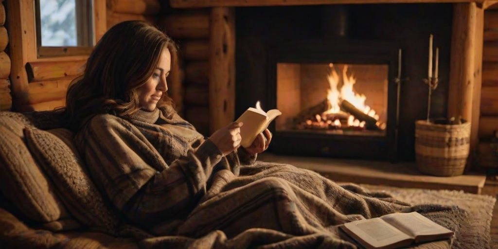 Cozy fireplace in a rustic cabin, a woman curled up with a blanket and a good book, the flames dancing warmly, creating an inviting and relaxing scene.