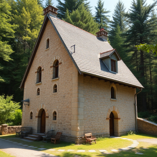 regenerate a detailed medieval stone house with a steep roof, textured surface, surrounded by a bright forest using a DSLR camera with a 50mm lens, f/2.8 aperture, ISO 100, and a shallow depth of field.