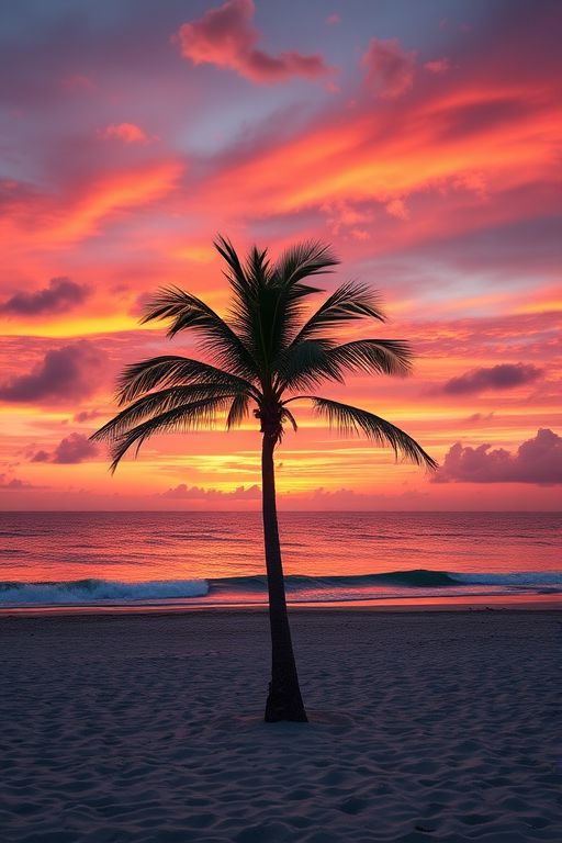 Create an image of a vibrant sunset over a serene beach with a single palm tree in the foreground, using a Canon EOS R camera, 50mm lens, aperture f/1.8, ISO 100, shot in landscape orientation to enhance details and colors.