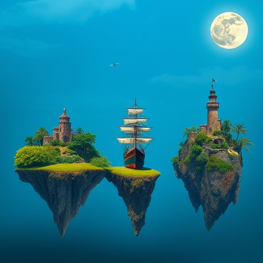Create a hyper-realistic image of two floating islands with lush greenery, an ancient tower on one side, and a sailing ship anchored between them under a large, glowing moon; use a wide-angle lens at f/8, ISO 100, shutter speed 1/250 sec, and a DSLR camera for enhanced detail and vibrant colors.