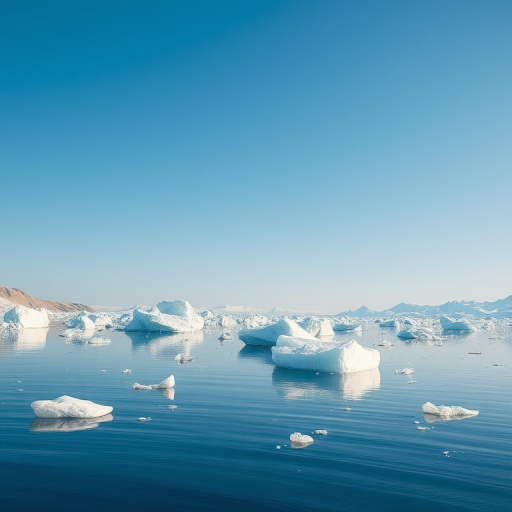 Generate a high-resolution image of an expansive glacial landscape with icebergs scattered across a calm water surface under a clear blue sky, shot with a Canon EOS R5 at f/8 aperture, 1/200 ISO 100, using a wide-angle lens from a low angle to emphasize the ice formations.