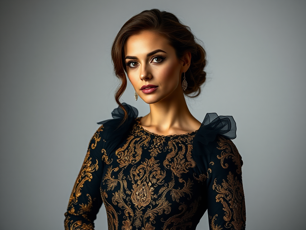 Portrait of a woman in an ornate black and gold gown, elegant pose, soft diffused lighting, slight backlight for depth, 50mm lens, f/1.8 aperture, ISO 200, 1/125 sec shutter speed, studio setting, high-detailed and vibrant color.