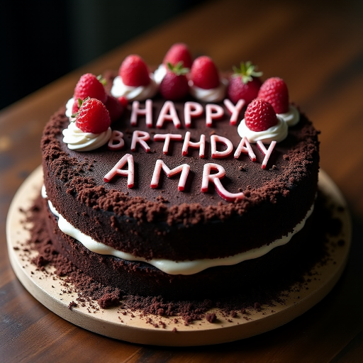 black forest gateau cake, spelling out the words "HAPPY BDAY AMR", tasty, food photography, dynamic shot