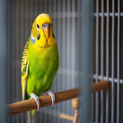 A vibrant budgerigar perched on a wooden rod inside a cage, captured with a DSLR camera at 50mm focal length, aperture f/2.8, ISO 100, shutter speed 1/200s, with a shallow depth of field focused on the bird, natural lighting for enhanced colors and detail.