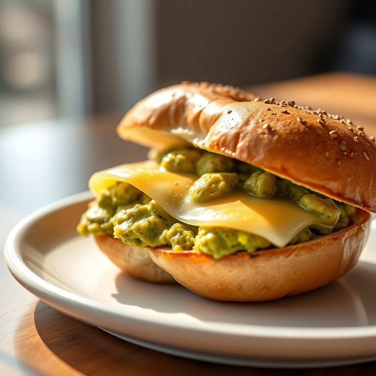 regenerate a close-up image of a bagel sandwich filled with guacamole and melted cheese on a simple white plate with natural sunlight lighting, using a DSLR camera, aperture f/2.8, shutter speed 1/250s, ISO 200, capturing a shallow depth of field for a blurred background effect