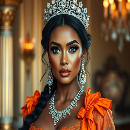 A gorgeous Tongan woman in a luxurious orange gown, accessorized with a dazzling tiara and statement earrings, her deep cyan eyes highlighted by impeccable makeup, poised in a royal setting, photorealistic, 8K quality