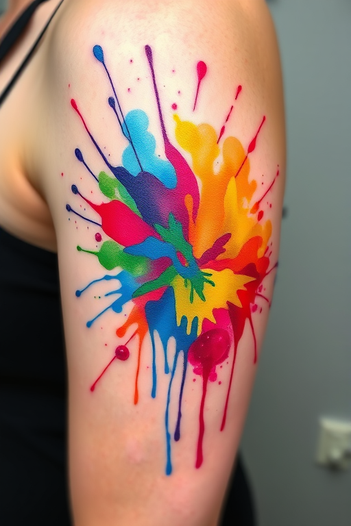 Watercolor splash tattoo named "Chromatic Explosion" featuring vibrant, abstract paint splatters and drips in a rainbow of colors, ideal for adding a pop of color to any body part