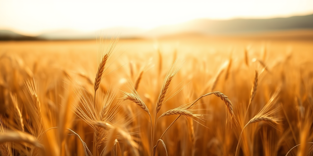 Soft-focus image of a golden wheat field swaying gently in the breeze, soft sunlight casting a warm glow over the landscape, with distant hills in the background.