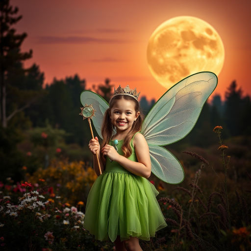 A vivid photo  taken under a bright camera flash of a fantastical scene set against a backdrop of a forest during sunset. The main subject is a girl dressed as a fairy, adorned with translucent wings and a green dress, holding a wand, her face is happy, and she wears a crown on her head. The forest behind her is a blend of flowers, shrubs and trees. The sky is painted in hues of orange and pink, with a large, glowing moon casting a warm glow over the scene. The overall color palette is dominated by earthy tones.