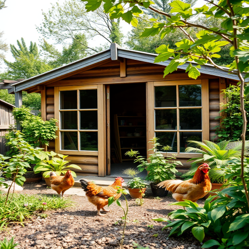 capture a detailed image of a garden shed with large windows, surrounded by greenery and a chicken nearby, taken with a DSLR camera, 24mm lens, f/5.6 aperture, ISO 200, natural lighting, wide-angle view, focus on the shed's texture and surrounding plants