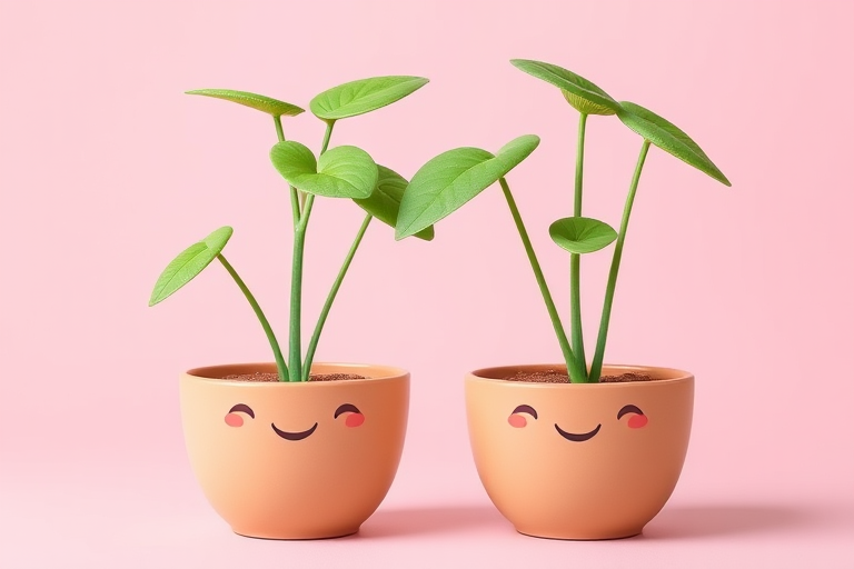 Generate a cute digital illustration of two smiling potted plants with cartoonish faces, set against a soft pastel pink background, using a Canon EOS R5 camera with a 50mm lens, aperture f/2.8, shutter speed 1/125s, and ISO 100 for optimal clarity and vibrancy.