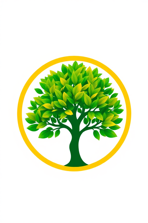 Regenerate a stylized logo featuring a green tree with vibrant leaves inside a circular yellow border, using a Canon EOS 5D Mark IV, f/8 aperture, 35mm lens, natural light, and a high-resolution digital style.