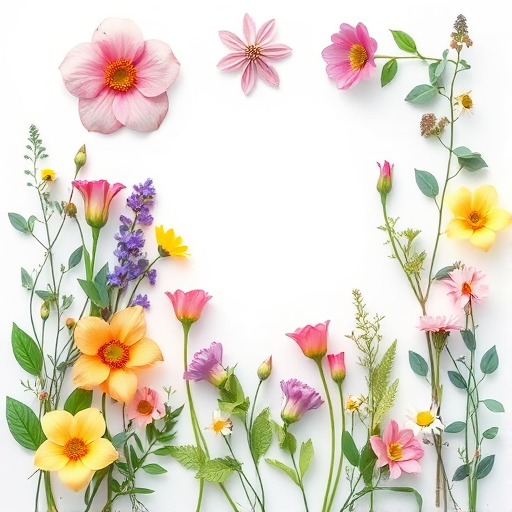 Create a vector illustration of various flowers and plants arranged in a visually appealing layout, using a high-resolution setting of 300 DPI with a focus on soft pastel colors, an overcast natural light ambiance for even illumination, and a top-down perspective to capture the arrangement.