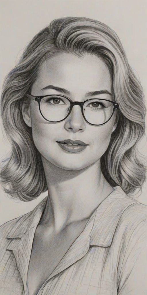 Graceful Emily VanCamp, pencil sketch, portrait of Fetching woman 1947s in glasses, hair style beatnik, outline, clear lines, fine lines, 8k