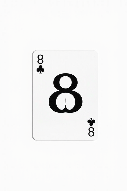 8 of clubs playing card on a plain white background, captured with a Canon EOS R5, 50mm lens, f/1.8 aperture, 1/200s shutter speed, ISO 100, top-down view, natural lighting to enhance image quality.