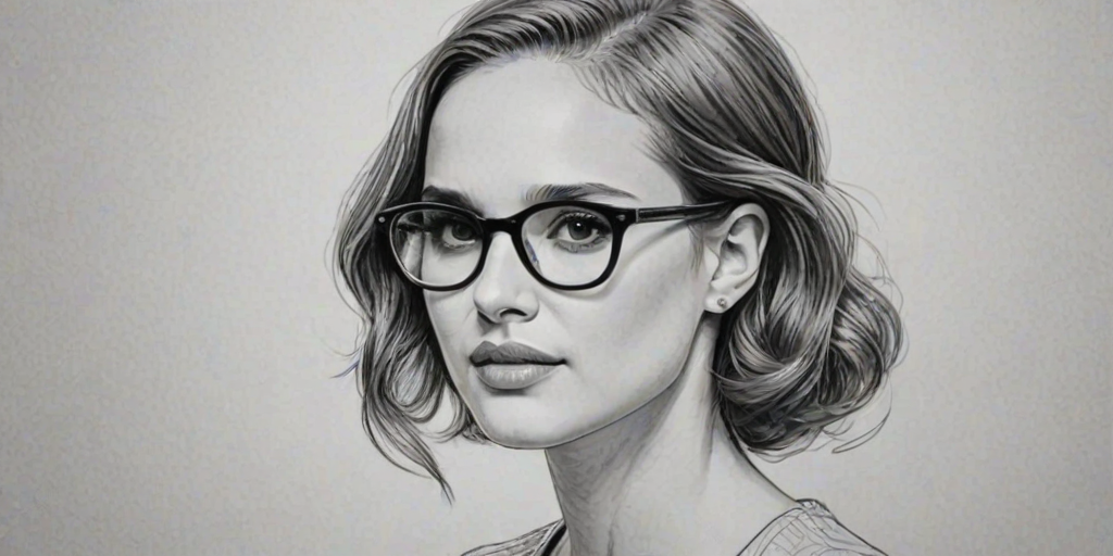 Beautiful Natalie Portman, pencil sketch, portrait of beautiful woman 60s in glasses, hair style beatnik, outline, clear lines, fine lines, 8k