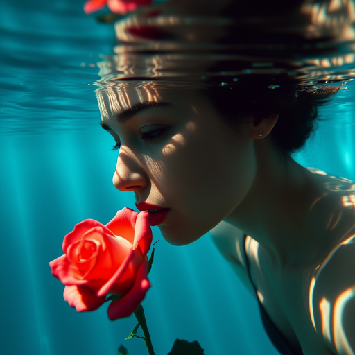 A woman underwater, gazing at a rose Her face is reflected in the water's surface The scene is illuminated by sunlight filtering through the water The atmosphere is serene and contemplative
