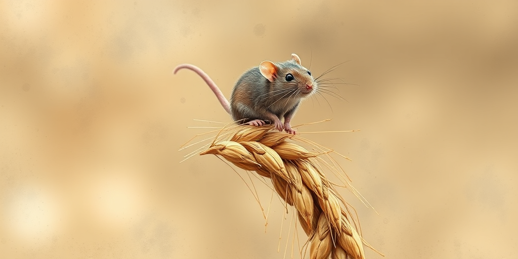 Soft, muted Alcohol Ink with ebru effect background image of tiny whimsical rat, who climbed high on the top of a golden rye ear.
