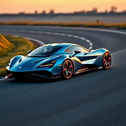 Generate an image of a luxury sports car parked on the side of a road during what appears to be dawn or dusk, given the soft light and shadows. The car should have a sleek design with aerodynamic features, a low-profile stance, and large, alloy wheels. It should display a contemporary color scheme, possibly a unique shade of blue that matches well with the ambient light in the setting. The vehicle's bodywork should gleam, reflecting the surrounding environment, and it should have distinctive lighting accents that enhance its sporty appearance. In the background, there should be a roadside with a grassy embankment on one side and possibly some trees or shrubbery along the edge of the pavement. The overall mood of the image should convey a sense of luxury, speed, and the tranquility of an early morning or late evening drive.