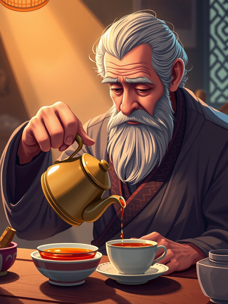Create an illustration of a wise elderly man pouring tea from a teapot into a cup, with intricate detailing, warm colors, and soft light emanating from behind him, shot with a DSLR camera at f/2.8, ISO 100, 50mm lens, in a slightly angled view to capture both the man and the tea pouring, using a digital art style.