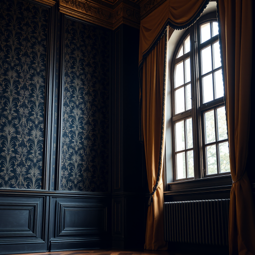 interior shot of an elegant room with ornate black wallpaper and golden curtains, natural light coming through a large window, 50mm lens, f/1.8 aperture, ISO 100, shot from a low angle, soft focus background, high dynamic range photography