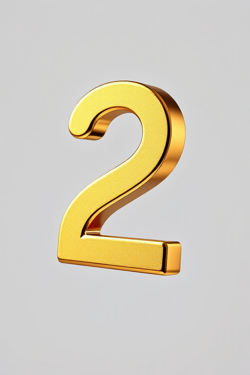 Create a high-resolution image of the number 2 in a shiny gold font on a transparent background, using a macro lens at f/2.8 for a shallow depth of field, shooting with a DSLR camera from a 45-degree angle to capture highlights and reflections, in studio lighting to enhance the metallic effect.