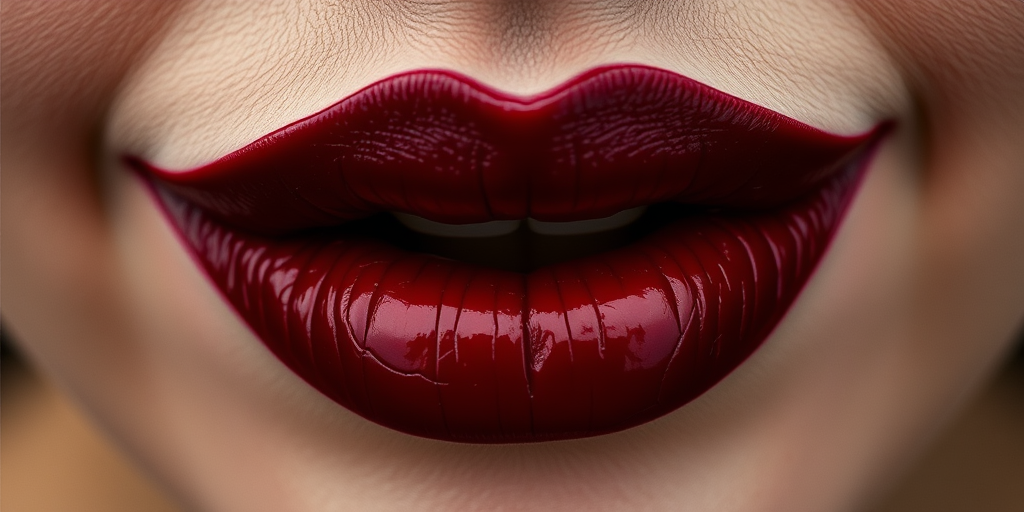 Vampy oxblood lips with leather-like texture, sharp peaks at cupid's bow, intense and edgy appearance, fierce Rebel Leather Stain look