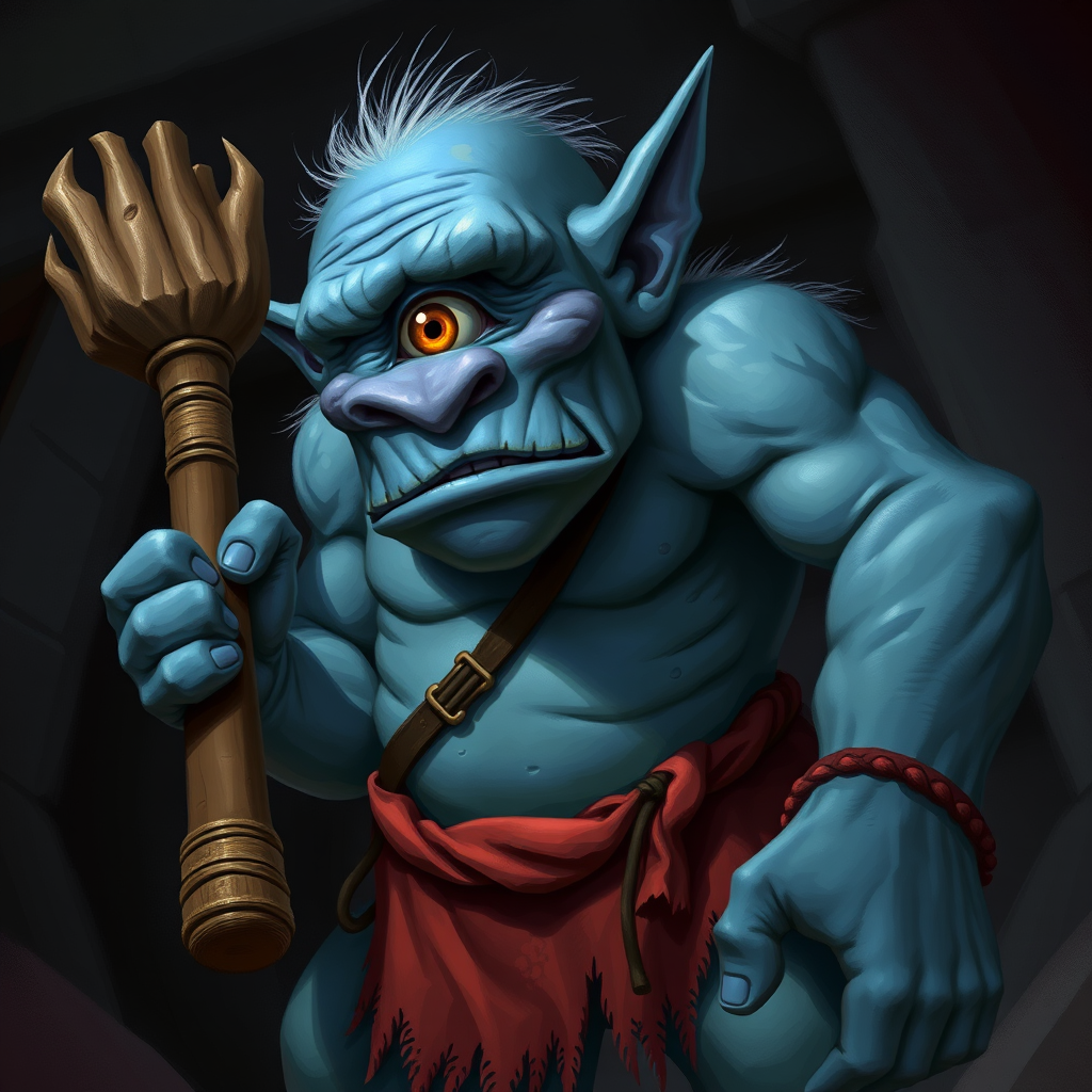 Regenerate a detailed illustration of a blue-skinned troll with a single eye, adorned with a red loincloth and wielding a wooden club, in a dark environment, using a DSLR camera with a 50mm lens, f/1.8 aperture, ISO 100, low angle shot, soft lighting for dramatic effect.